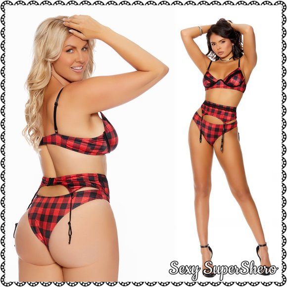 🆕🐃 PLUS 3PC Buffalo Plaid Sexy Lingerie Set -Monowire, Panty, and Garter Belt - Picture 7 of 7